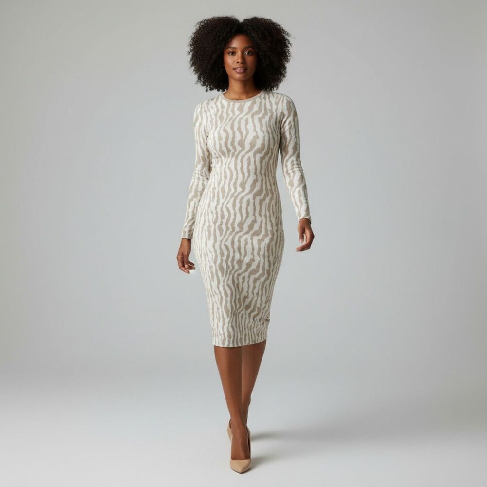 Express Zebra Bodycon Midi Sweater Dress Ribbed Knit Small